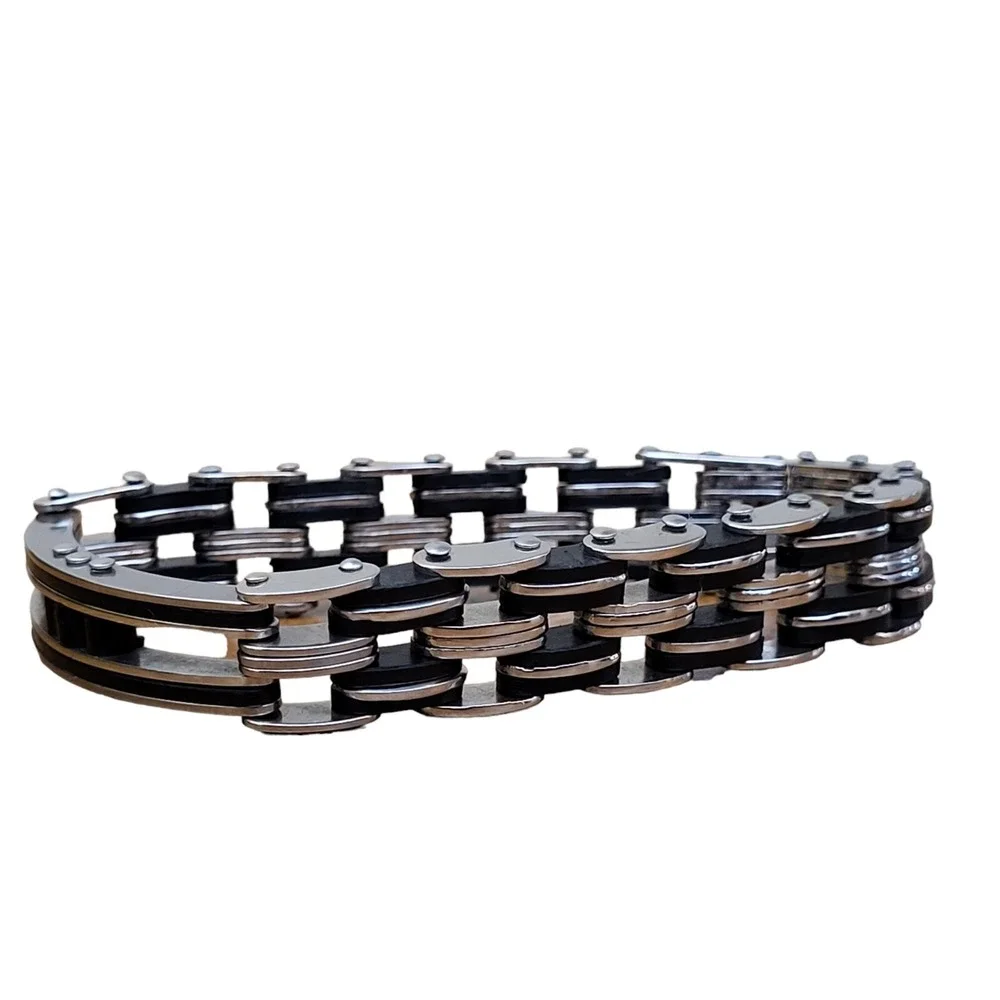 Men's Silver Stainless Steel Motorcycle Bike‎ Chain Link Bracelet Black Accents